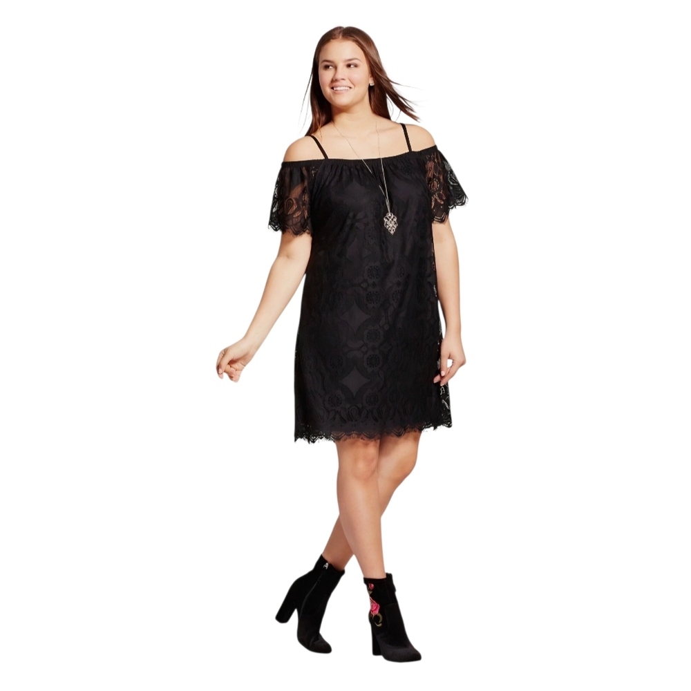 No Comment Black Lace Cold Shoulder Off The Shoulder Mini Dress Size Medium EUC